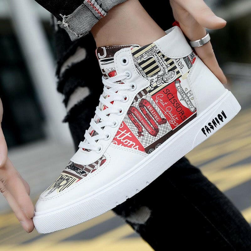 Trendy Mens Graffiti High Top Casual Sports Shoes Red / 39