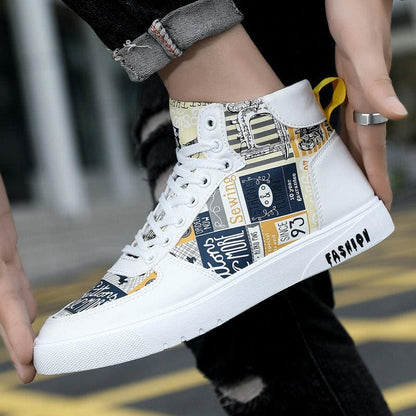 Trendy Mens Graffiti High Top Casual Sports Shoes Yellow