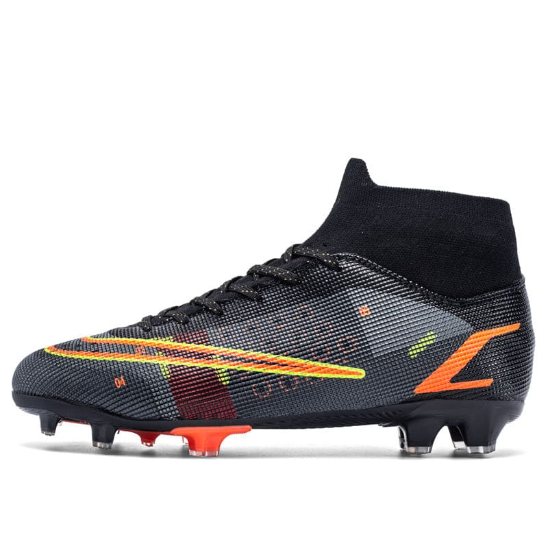 Black soccer cleat with orange and yellow accents and a high-top ankle design.