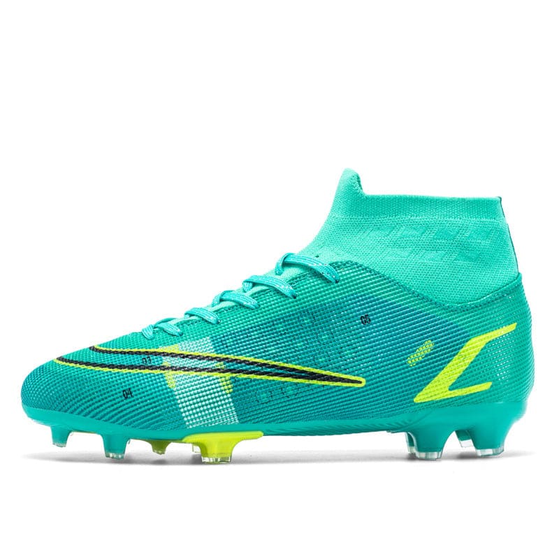 Teal soccer cleat with yellow accents and a high-top sock-like upper.