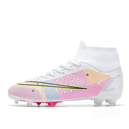 White soccer cleat with colorful pastel geometric patterns on the side.