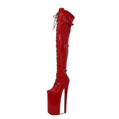 Ultra High Heel Multi Buckle High Platform Boots Red / 3.5