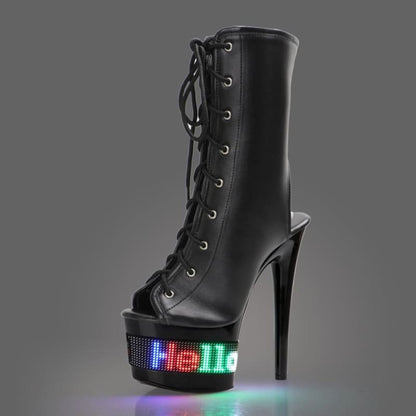 Ultra High Lace Up Open Toe Drag Queen LED Boots Black / 5