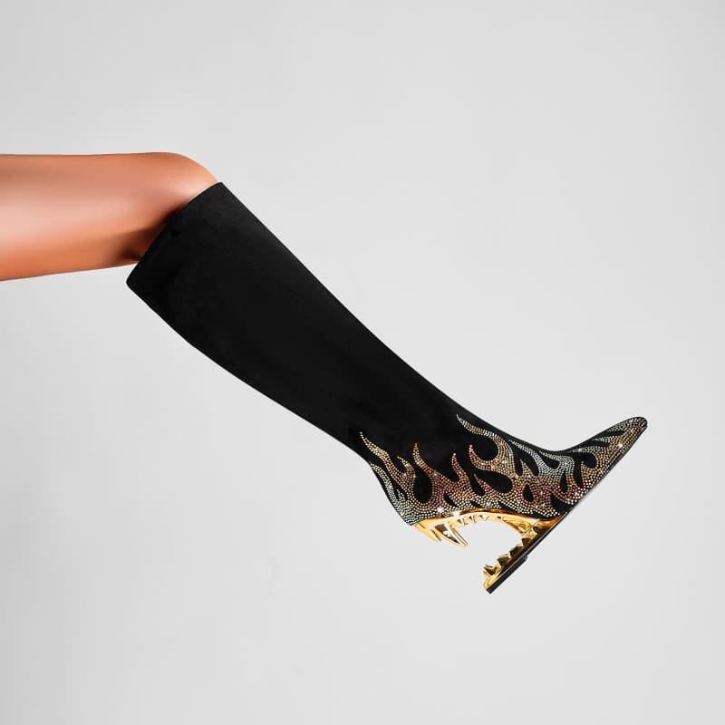 Unique Tiger Mouth Design Heel With Rhinestone Flame
