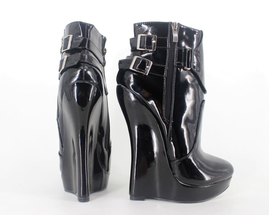 Unisex Black Patent Multi Buckle Platform Ankle Boots