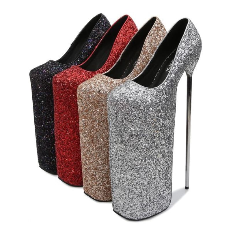 Glittery platform stiletto heels in black, red, gold, and silver colors.