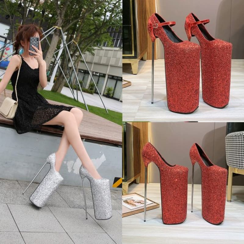 Extremely high platform shoes with glittery or sparkly finishes in white and red colors.