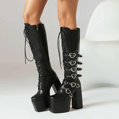 Unisex High Heel Punk Lace-up Multi Buckle Boots Black Pu