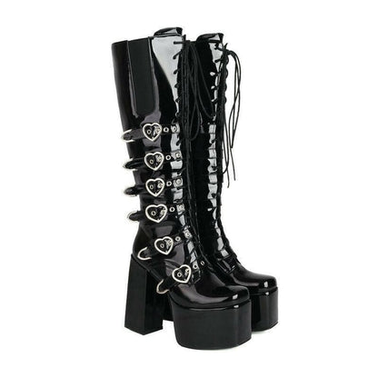 Unisex High Heel Punk Lace-up Multi Buckle Boots