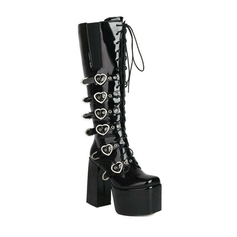 Unisex High Heel Punk Lace-up Multi Buckle Boots