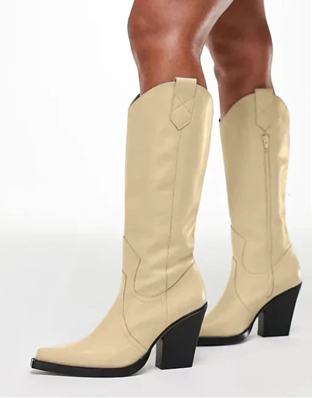 Unisex Knee High Cowboy Boots With Wedge Heels and Pointed