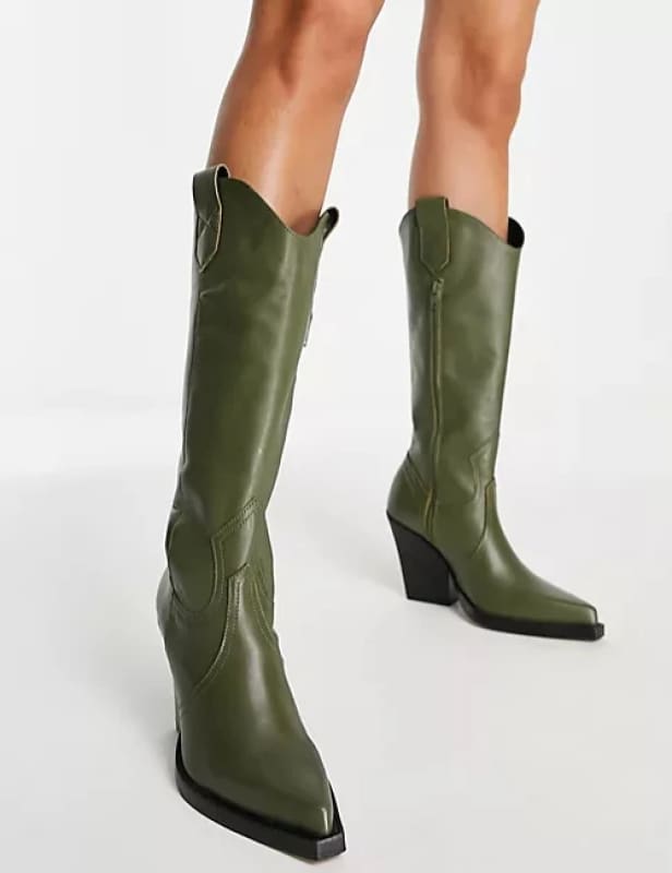 Unisex Knee High Cowboy Boots With Wedge Heels and Pointed