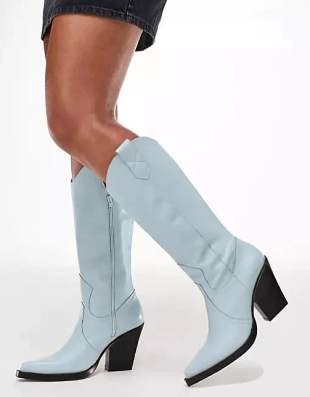 Unisex Knee High Cowboy Boots with Pointed Toe SKY BLUE / 4