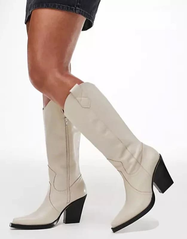 Unisex Knee High Cowboy Boots With Wedge Heels and Pointed