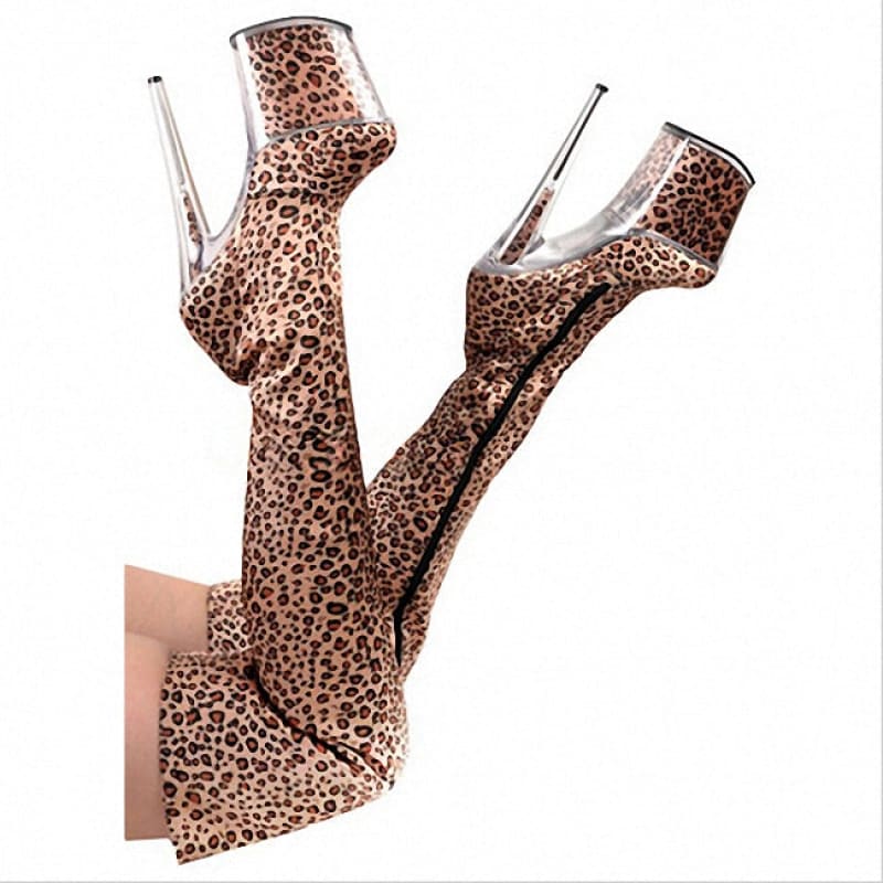 Unisex Leopard Print Thigh Length Platform Heel Boots