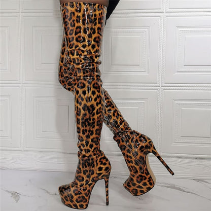 Leopard-print thigh-high platform stiletto boots.