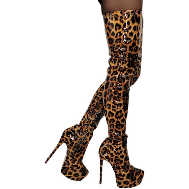 Leopard-print thigh-high platform stiletto boots.