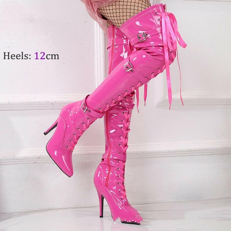 Unisex Patent Mirror Buckle Stiletto Over-the-knee Boots