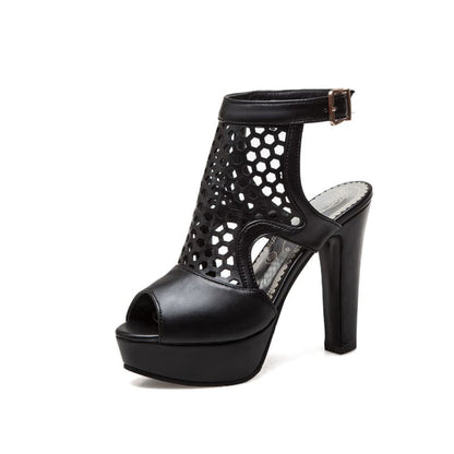 Black high-heeled platform sandal with perforated ankle strap and peep toe design.