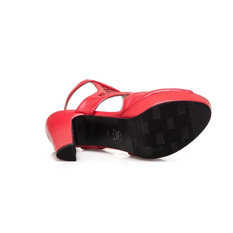 Red high-heeled sandal with an ankle strap.