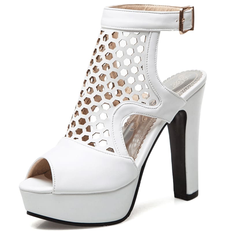 White high-heeled platform sandal with a perforated ankle strap and peep toe design.