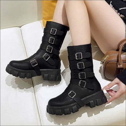 Unisex Punk Multi Buckle Mid Calf Boots with Platform Heel