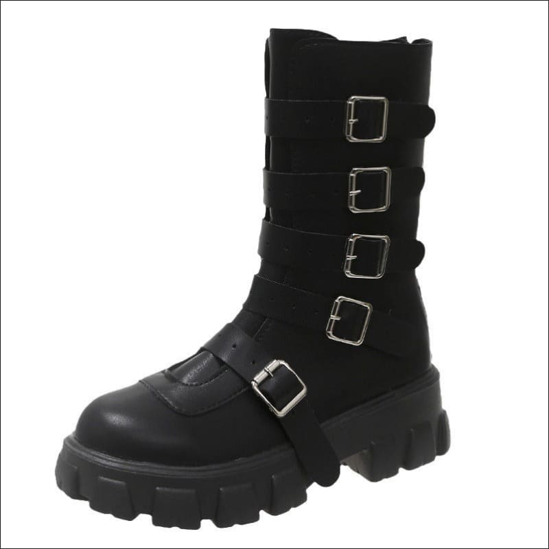 Unisex Punk Multi Buckle Mid Calf Boots with Platform Heel