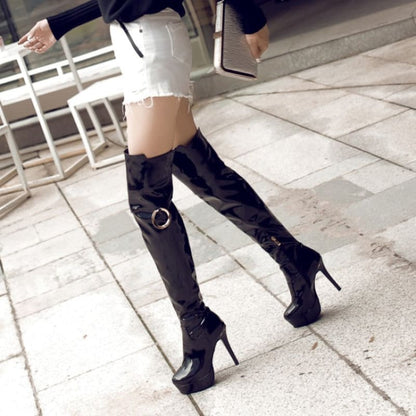 Pair of black thigh-high stiletto boots with a buckle detail.