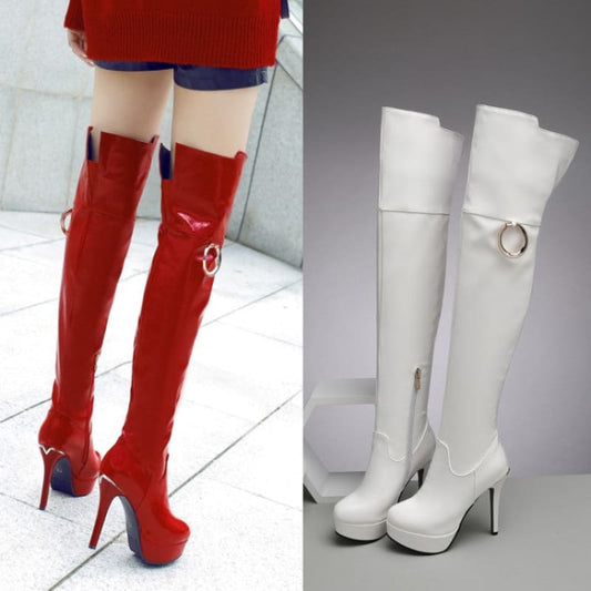 Thigh-high boots in red and white colors with high heels and platforms.