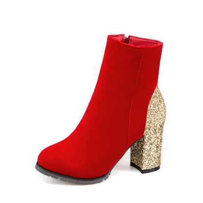 Red ankle boot with a glittery gold block heel.