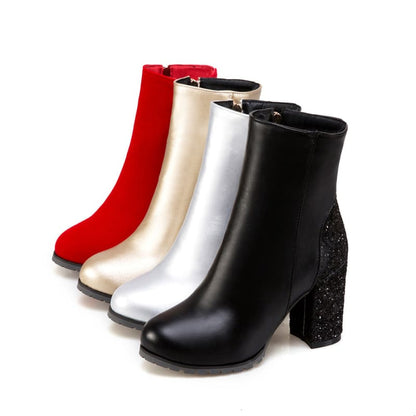 Four ankle boots in different colors with chunky heels.