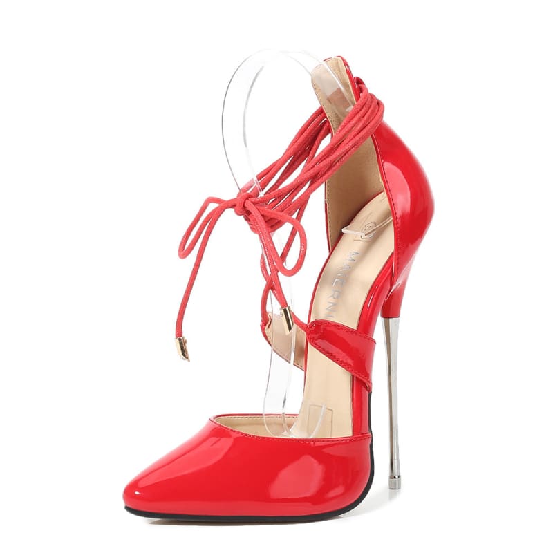 Red high-heeled shoe with ankle ties and a metallic stiletto heel.