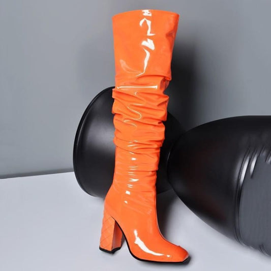 Unisex Thick Heel Orange Over The Knee Ruffled Boots - Pleasures and Sins