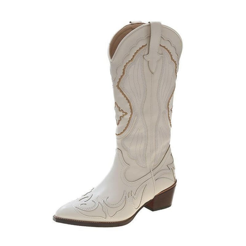 Unisex White Western Long Boots with Chunky High Heel beige