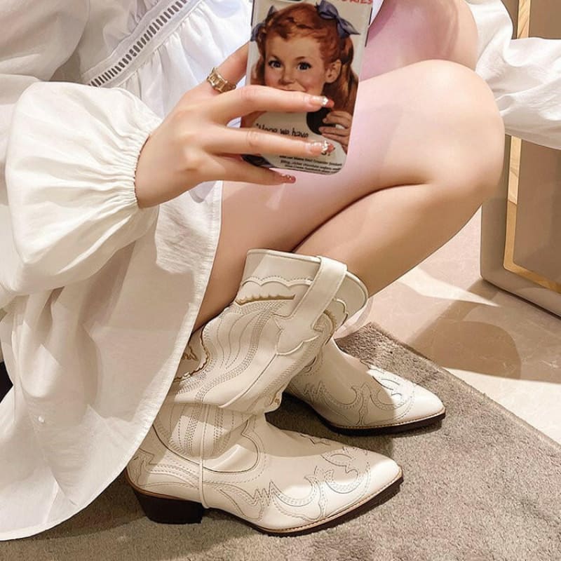 Unisex White Western Long Boots with Chunky High Heel