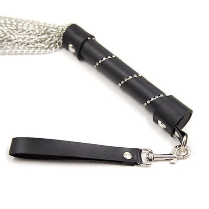 Leather-wrapped whip or flogger with a metal chain handle and wrist strap.