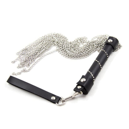 Flogger whip with a black handle and silver metal chain tassels.