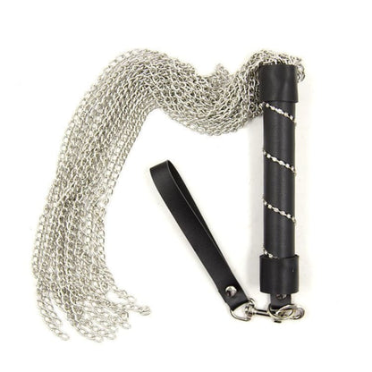 Flogger with a black handle and silver chain tassels.