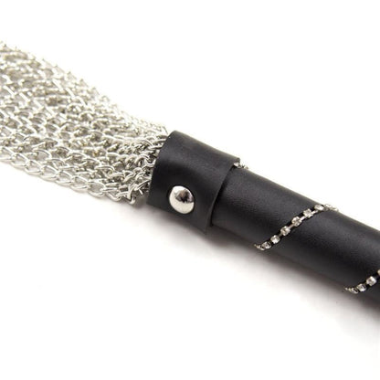 Metal chain mesh attached to a black leather handle with a silver stud.