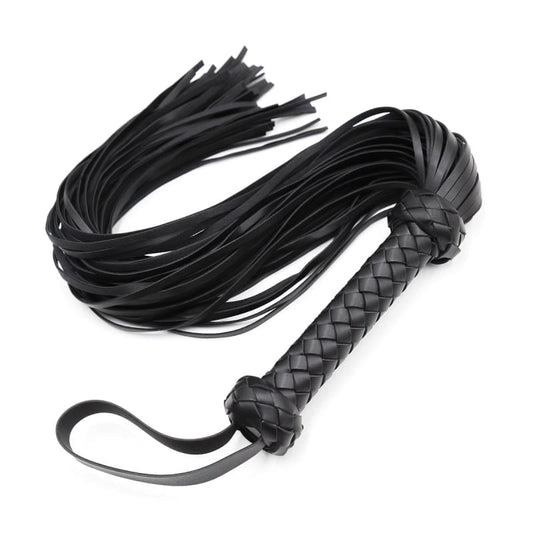 Black leather flogger with braided handle and multiple tails.