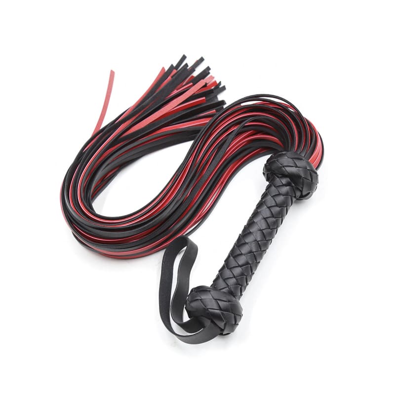 Leather flogger with red and black strands and a braided handle.