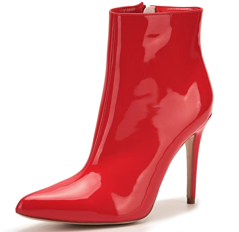 Glossy red high-heeled ankle boot with a pointed toe.