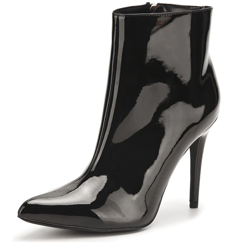 Shiny black patent leather high-heeled ankle boot with a pointed toe.