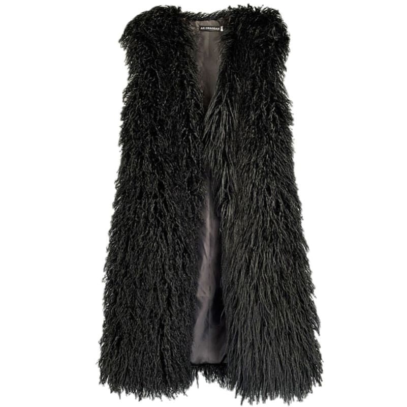 Black shaggy faux fur vest with an open front.