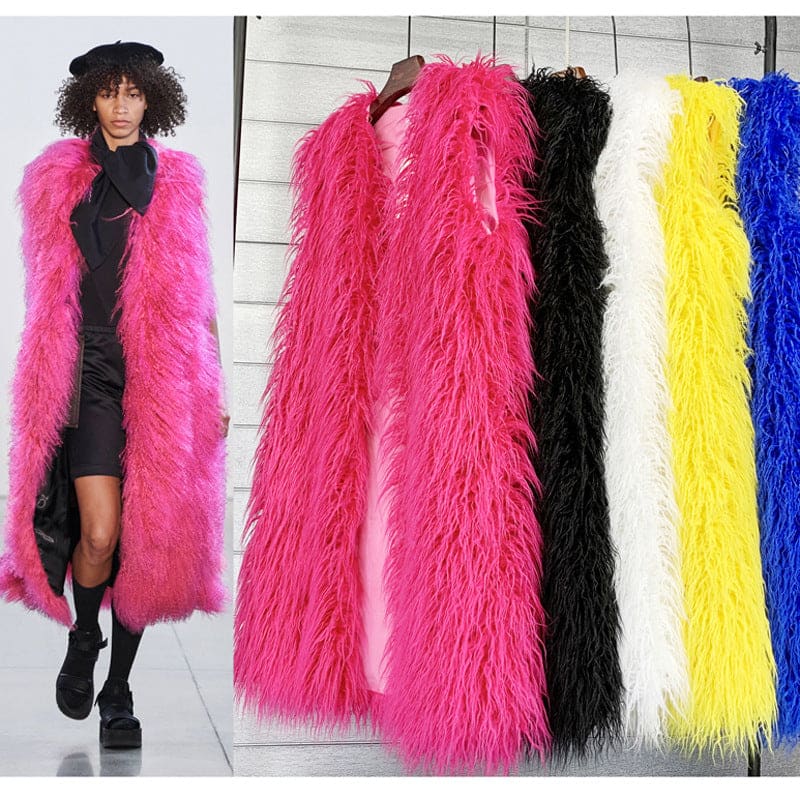 Colorful fluffy faux fur coats in vibrant pink, black, yellow, and blue.