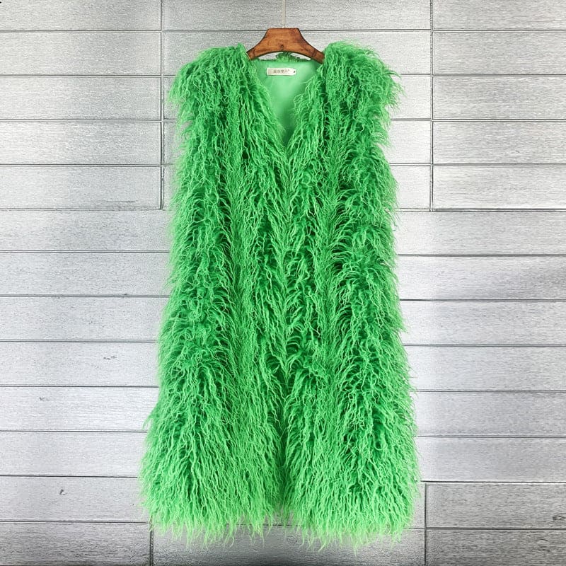 Bright green, fluffy sleeveless vest or gilet with a shaggy, feathered texture.