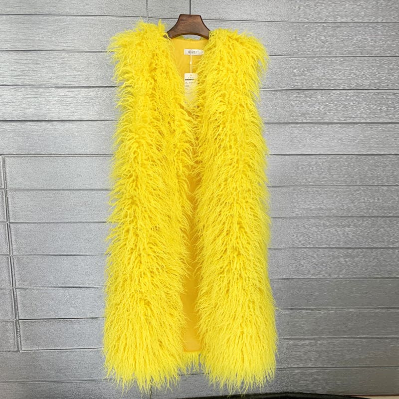 Bright yellow fluffy sleeveless vest hanging on a wooden hanger.