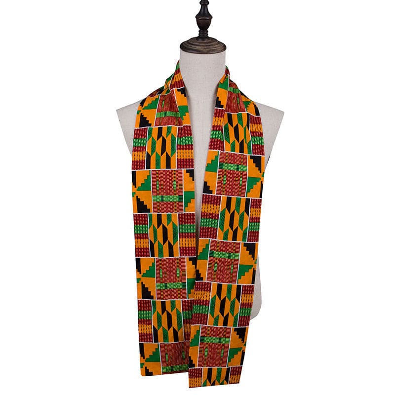 Colorful kente cloth scarf with vibrant geometric patterns displayed on a mannequin torso.