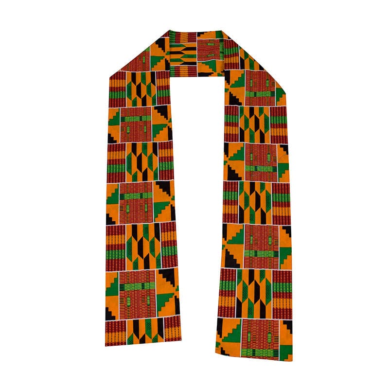 Colorful patterned scarf with African-inspired geometric designs in red, green, yellow, and black.