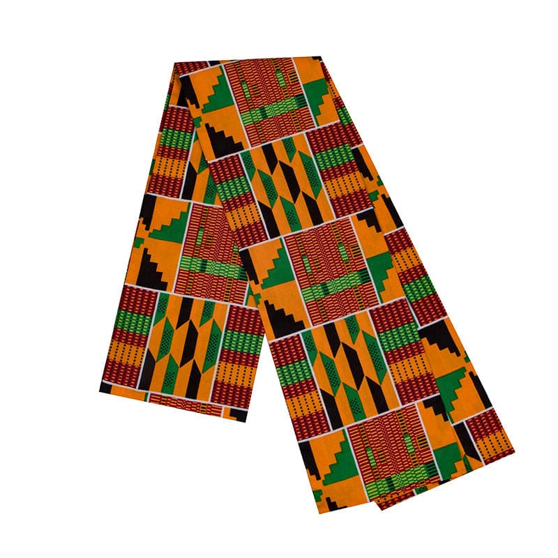 Colorful African kente cloth with geometric patterns in orange, green, red, and black.